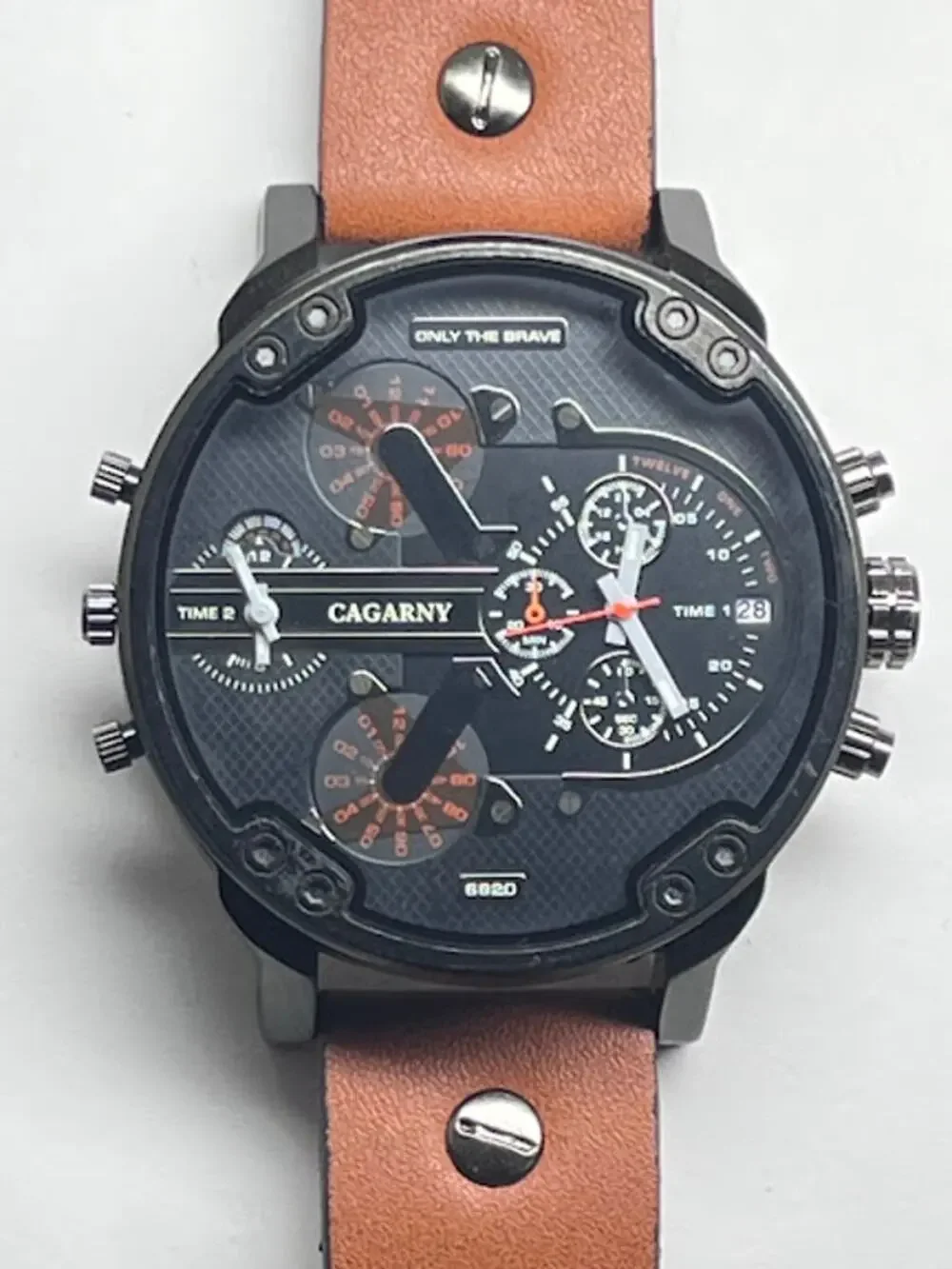 Cagarny Double Time Watch Quartz 6820 Tan Leather Band Water Res Military 52mm